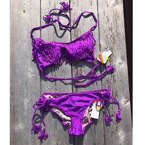 Raisins fringe top and bottom bikini w/gold beads